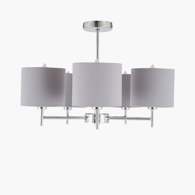 Ruma Metal & Linen 5 Arm Light Pendant Grey Ceiling Lamp - image 1