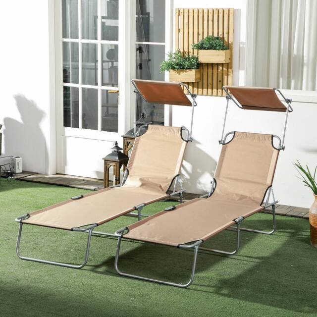 OUTSUNNY Folding Sun Lounger Set of 2 w/ Sunshade Adjustable Backrest in Light Sand - image 1