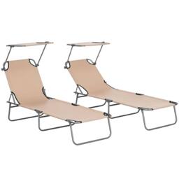 OUTSUNNY Folding Sun Lounger Set of 2 w/ Sunshade Adjustable Backrest in Light Sand - thumbnail 2