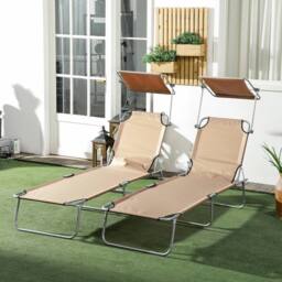OUTSUNNY Folding Sun Lounger Set of 2 w/ Sunshade Adjustable Backrest in Light Sand