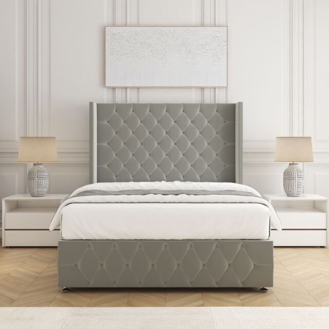 "BSSPOKE Ruby Divan Bed Set Plush Velvet 54"" Headboard & Mattress No Drawers in Silver - Size: Double" - image 1