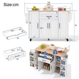 Merax Rolling Kitchen Island Trolley with Foldable Worktop, Kitchen Cart in White - thumbnail 8