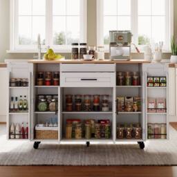 Merax Rolling Kitchen Island Trolley with Foldable Worktop, Kitchen Cart in White