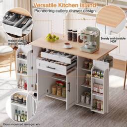 Merax Rolling Kitchen Island Trolley with Foldable Worktop, Kitchen Cart in White - thumbnail 3