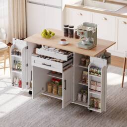 Merax Rolling Kitchen Island Trolley with Foldable Worktop, Kitchen Cart in White - thumbnail 2