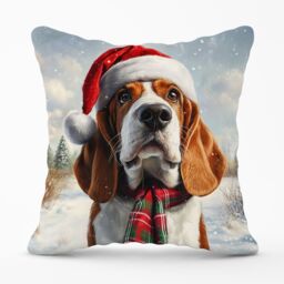 Warren Reed - Designer Snowy Christmas Bassett Hound Cushion in Brown - Size: 60 cm x 60 cm - thumbnail 1