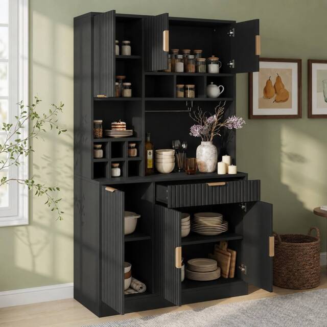 BTM 100cm Kitchen Sideboard USB Wine Rack Tall Cabinet Black - image 1