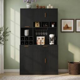 BTM 100cm Kitchen Sideboard USB Wine Rack Tall Cabinet Black - thumbnail 2
