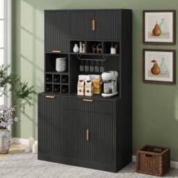 BTM 100cm Kitchen Sideboard USB Wine Rack Tall Cabinet Black - thumbnail 3