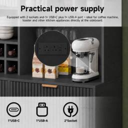 BTM 100cm Kitchen Sideboard USB Wine Rack Tall Cabinet Black - thumbnail 6