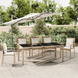 Berkfield Home Garden Table with Glass Top Beige Poly Rattan&Tempered Glass