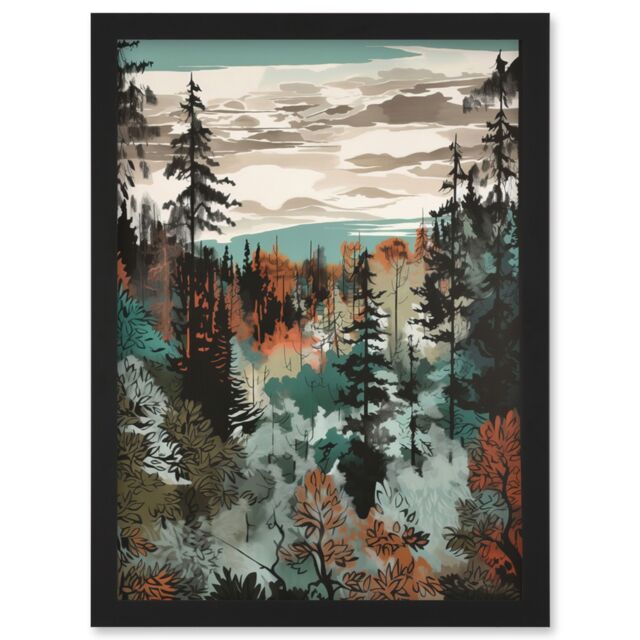 Artery8 Taiga Boreal Autumnal Colours Forest Landscape Artwork Framed Wall Art Print A4 in Black - image 1