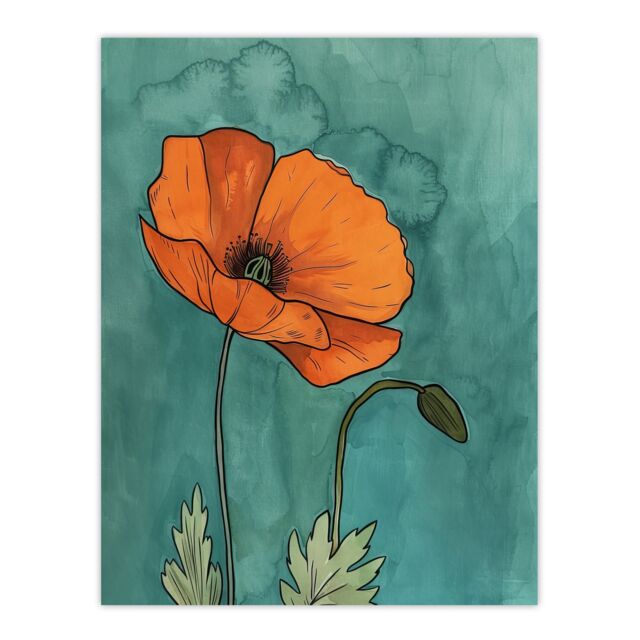 "Artery8 Poppy Flower Bloom Teal Orange Floral Watercolour Wall Art Print in Blue - Size: W12"" x H16""" - image 1
