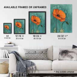 "Artery8 Poppy Flower Bloom Teal Orange Floral Watercolour Wall Art Print in Blue - Size: W12"" x H16""" - thumbnail 3