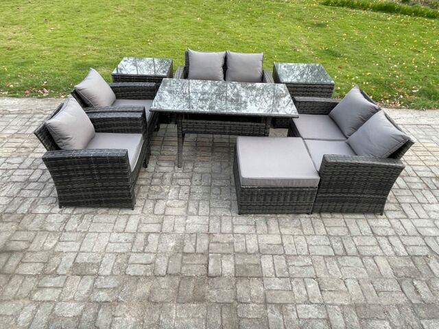Fimous Rattan Garden Furniture Set Patio Outdoor Lounge Sofa Set with Oblong Dining Table Double Seat Sofa 2 Side Tables in Dark Grey