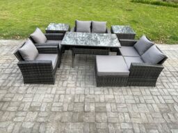 Fimous Rattan Garden Furniture Set Patio Outdoor Lounge Sofa Set with Oblong Dining Table Double Seat Sofa 2 Side Tables in Dark Grey - thumbnail 1