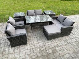 Fimous Rattan Garden Furniture Set Patio Outdoor Lounge Sofa Set with Oblong Dining Table Double Seat Sofa 2 Side Tables in Dark Grey - thumbnail 2