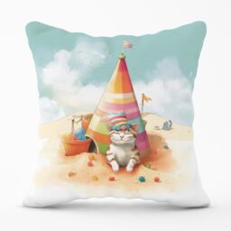 Warren Reed - Designer Cat On A Beach Holiday Outdoor Cushion in Yellow - Size: 60 cm x 60 cm - thumbnail 1