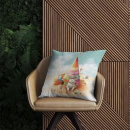 Warren Reed - Designer Cat On A Beach Holiday Outdoor Cushion in Yellow - Size: 60 cm x 60 cm - thumbnail 2