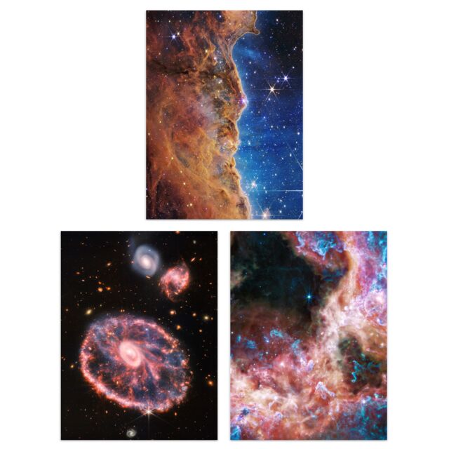 Artery8 Wall Art Print Pack of 3 NASA James Webb Images Cosmic Cliffs Carina Nebula Cartwheel Galaxy Cosmic Tarantula Large Poster Set - image 1