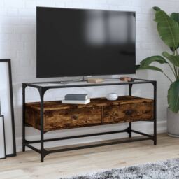 Berkfield Home TV Cabinet with Glass Top Smoked Oak 98x35x51 cm Engineered Wood in Brown - Size: 98 x 35 x 51 cm