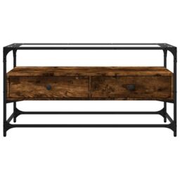 Berkfield Home TV Cabinet with Glass Top Smoked Oak 98x35x51 cm Engineered Wood in Brown - Size: 98 x 35 x 51 cm - thumbnail 4