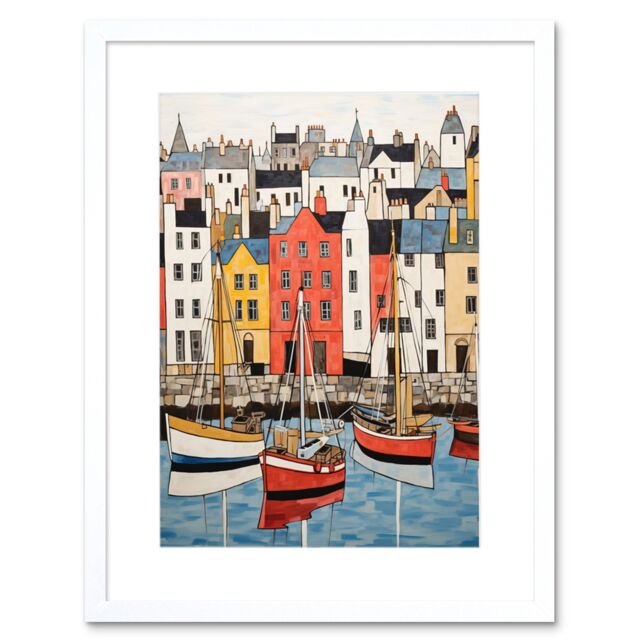 Artery8 Wall Art Print Colourful Town Harbour Acrylic Painting Red Yellow Blue Fishing Boats Coastal Townscape Artwork Framed 9X7 Inch - image 1