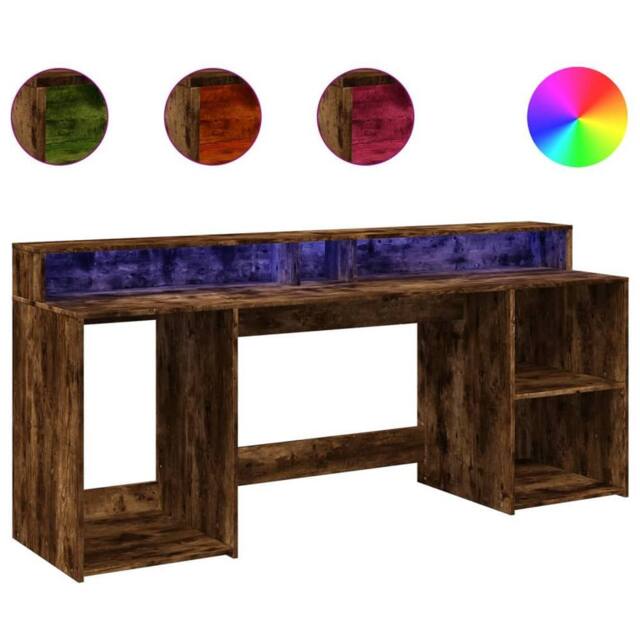 Berkfield Home Desk with LED Lights Smoked Oak 200x55x91 cm Engineered Wood in Brown - Size: 200 x 55 x 91 cm - image 1