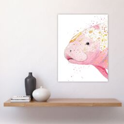 "Artery8 Pink Manatee Gold Paint Splatter Animal Portrait Wall Art Print - Size: W24"" x H32""" - thumbnail 4