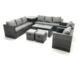 Fimous Rattan Garden Furniture Sofa Set with Coffee table Armchair Side Table 2 Small Footstools Dark Grey Mixed - thumbnail 2