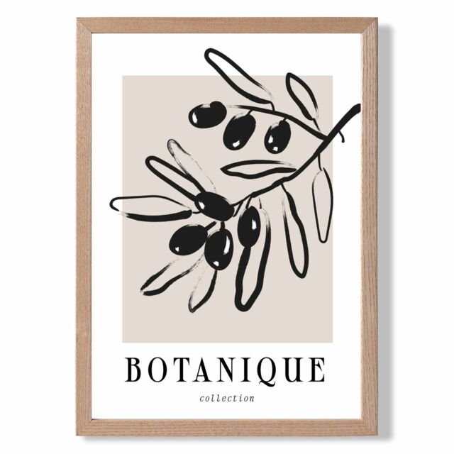 ARTZE Beige & Black Olive Boho Sketch Floral Framed Print SIZE: A4 with Oak Frame - image 1