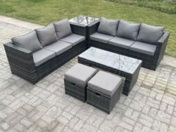Fimous Outdoor Rattan Garden Furniture Lounge Sofa Set With Oblong Rectagular Coffee Table in Dark Grey - thumbnail 2