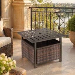 STILVORA Outdoor Table with Storage & Parasol Hole in Brown