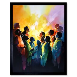 "Artery8 Wall Art Print Choir Women Singing by Bonfire Modern Rainbow Colour Watercolour Painting Art Framed in Black - Size: W12"" x H16""" - thumbnail 1