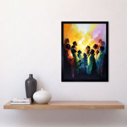 "Artery8 Wall Art Print Choir Women Singing by Bonfire Modern Rainbow Colour Watercolour Painting Art Framed in Black - Size: W12"" x H16""" - thumbnail 2