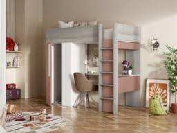 Vente-unique High Sleeper Bed 90 X 200 Cm With Wardrobe & Desk - Pink & White - Size: Single - thumbnail 4