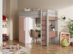 Vente-unique High Sleeper Bed 90 X 200 Cm With Wardrobe & Desk - Pink & White - Size: Single