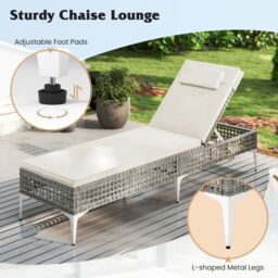 Costway Rattan Sun Lounger 6-Level Adjustable Garden Chaise Lounge Chair in White - thumbnail 9