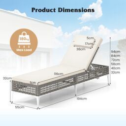 Costway Rattan Sun Lounger 6-Level Adjustable Garden Chaise Lounge Chair in White - thumbnail 2