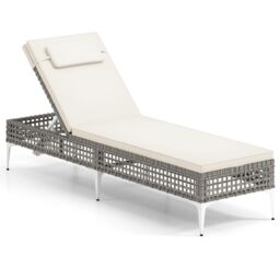 Costway Rattan Sun Lounger 6-Level Adjustable Garden Chaise Lounge Chair in White