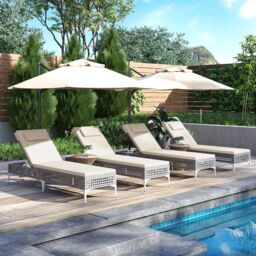 Costway Rattan Sun Lounger 6-Level Adjustable Garden Chaise Lounge Chair in White - thumbnail 5