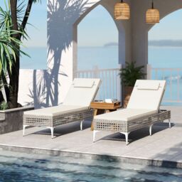 Costway Rattan Sun Lounger 6-Level Adjustable Garden Chaise Lounge Chair in White - thumbnail 4