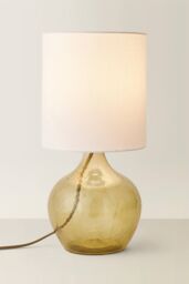 ValueLights Emily Natural Linen Drum Shade Dark Green Glass Teardrop Table Lamp - thumbnail 3