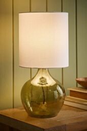 ValueLights Emily Natural Linen Drum Shade Dark Green Glass Teardrop Table Lamp
