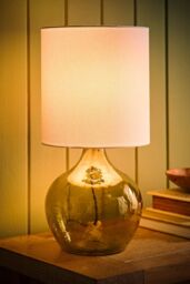ValueLights Emily Natural Linen Drum Shade Dark Green Glass Teardrop Table Lamp - thumbnail 2