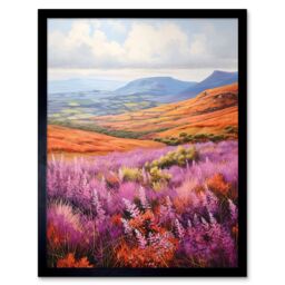 "Artery8 Wall Art Print Scottish Heather Fields Oil Painting Purple Orange Blue Scotland Countryside Landscape Art Framed in Black - Size: W12"" x H16""" - thumbnail 1