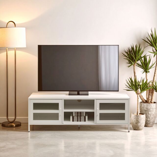 Orsina Industrial Two Door White Metal Media Unit, Classic Livingroom Media Unit, Versatile Shelving Media Unit - image 1