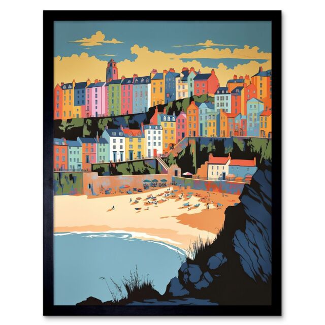 "Artery8 Wall Art Print Tenby Castle Beach Coastal Town Summer in Wales Art Framed in Black - Size: W12"" x H16""" - image 1