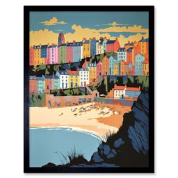 "Artery8 Wall Art Print Tenby Castle Beach Coastal Town Summer in Wales Art Framed in Black - Size: W12"" x H16""" - thumbnail 1
