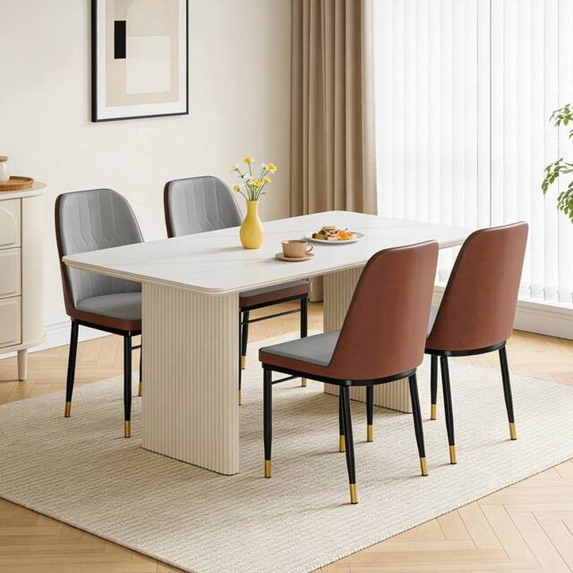 EONLION 4PCS Grey & Brown Dining Chairs Set Leather Padded Seat Metal Leg - image 1